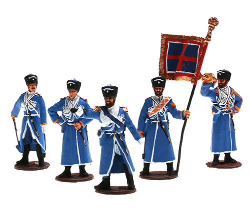 Донские казаки, синяя черкеска, набор из 5 фигурок Оловянная миниатюра Авторская роспись Авторская работа Мастерская "EK-Casting" 2008 г инфо 12997f.