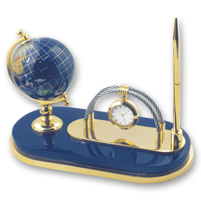 Набор: модель глобуса на подставке с часами, ручкой, цвет: синий Диаметр 7,5 см 2010 г инфо 13985f.