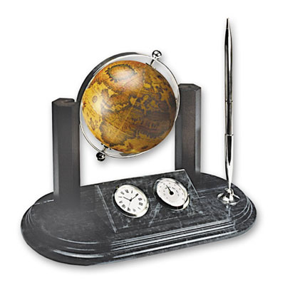 Настольный набор: глобус античный, часы, термометр, ручка (черный мрамор) 2010 г инфо 13989f.